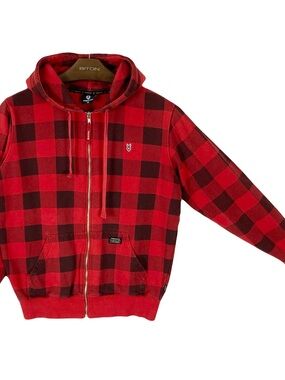 FINGERCROXX Hoodie Men M Red-Black Plaid Full-Zip Logo Long-Sleeve